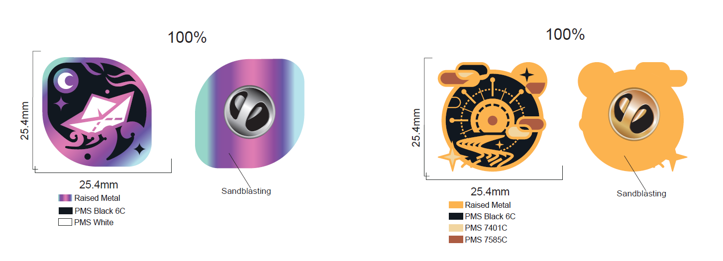 Schematics for two pins labelling their colours and sizes